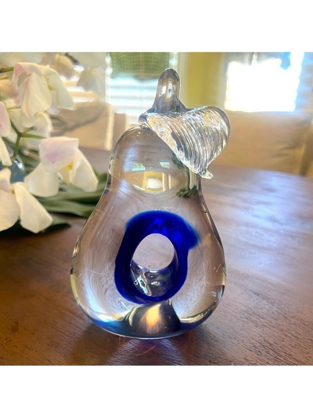 Art glass pair. Applied leaf  cobalt blue, polished base